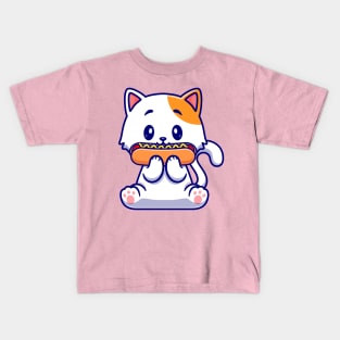 Cute Cat Eating Hotdog Cartoon Kids T-Shirt